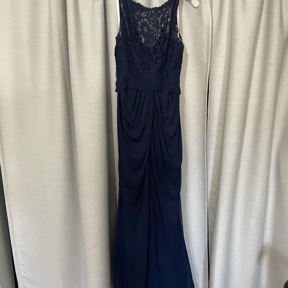 Long midnight blue lace bridesmaid/prom dress